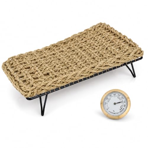 Natural Seagrass Reptile Hammock Bed with Adjustable Metal Legs, Large Elevated Resting Platform for Bearded Dragon, Lizard, Gecko, Snake, Turtle & Terrarium Pets, Includes Humidity Meter