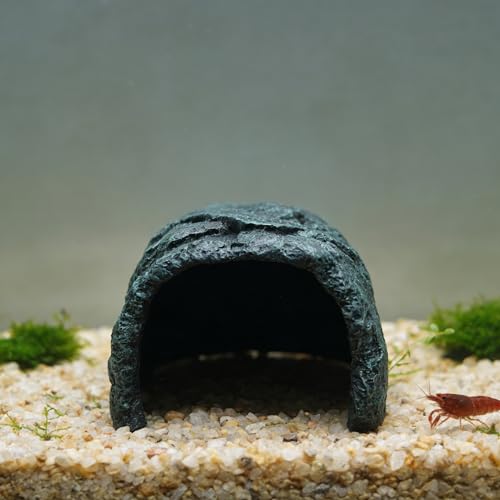 M2cbridge Fish Hide Cave Reptile Terrarium Habitat Decor Green Rock Dish | Natural color careful craft, resting spot, solid and sturdy, water dish - style: Green Rock+ Water Dish