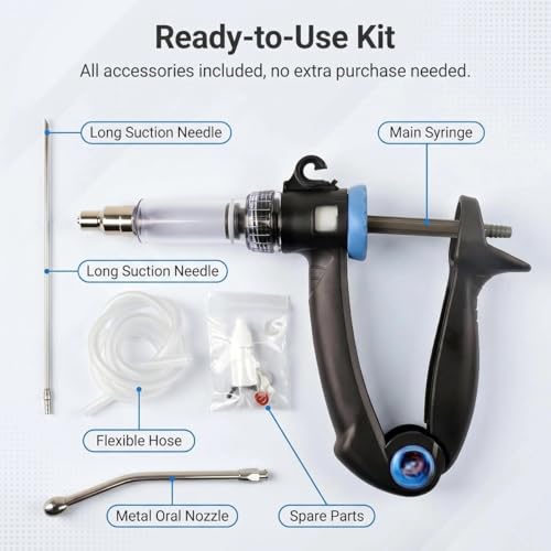 2-in-1 Veterinary Syringe & Oral Drencher Set, 0.5-10ml Adjustable Continuous Injector with Long Suction Needle & Metal Feeding Nozzle for Cattle Sheep Pig Goat Livestock Medication