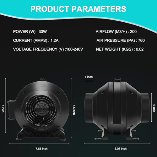 4" 190 CFM Inline Duct Fan with E12 Speed Controller, Ventilation Exhaust Fan for Cooling Booster, Grow Tents, Hydroponics - size: 4"+Fan Only