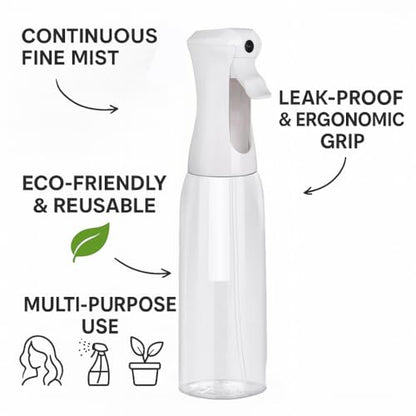 VIGOR PATH Continuous Mist Clear Spray Bottle 500ml Fine Mist for Hair | Ultra Fine Atomizer Leak Proof Ergonomic Construction 360 Refillable - size: 16.9 Ounces