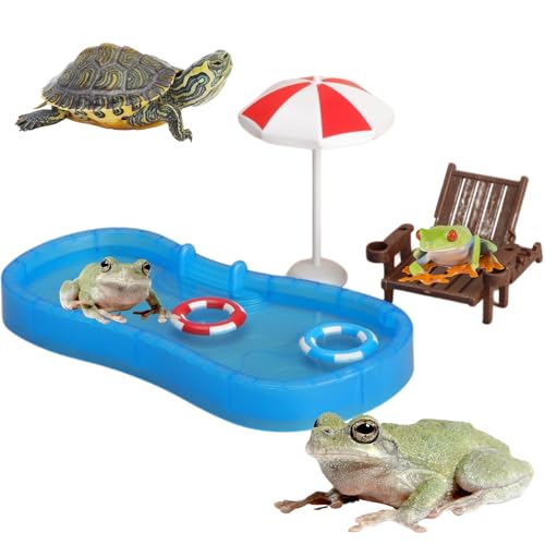 Tree Frog Tank Accessories - Novelty Pool Theme Set Turtle Habitat Decoration Reptile Water Food Bowl for Amphibian Aquatic Frog Toad Lizard Leopard Gecko Hermit Crabs Snake Spider Scorpion (Pool Set)