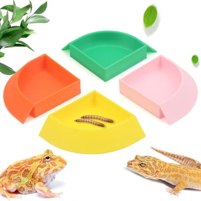 4 Pack Corner Reptile Food Water Dish, 3D Printed Quadrant Feeding Bowl for Leopard Gecko Lizard Bearded Dragon Chameleon Snake, Plastic Worm Feeder Plate for Small Reptile Pet Habitat