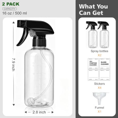 Spray Bottles 16 Oz 2-pack, 360° Any-Angle Spraying, Mist & Stream, Funnel | Professional Heavy-Duty Sprayer Bottles with Measurements & Weighted Straw, Leak-proof for Cleaning Solutions, Planting, Hair - style: 16oz, 2 pack