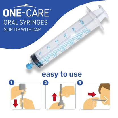 ONE-CARE 60ml Oral Syringe with Cap, Slip Tip Liquid Dispensers, 25/Box | Individually Wrapped, Food-Grade Plastic, Accurate Graduation for Precise Liquid Dosing, Oral Feed - Infants, Adults & Pets - size: 60ml