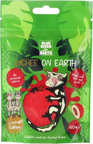 Blue River Diets Complete Crested Gecko Food | All-Natural Gecko Food Made in the UK | 70% Real Fruit | 2.1oz | 60g Lychee on Earth Flavor