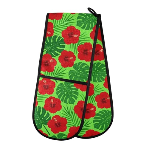 Dual-functionality Mitts and Pot Holders Sets High Heat Resistant Pot Holder Gloves Kitchen Aid BBQ (Hawaiian Flowers Floral Red Green) - color: Hawaiian Flowers Floral Red Green