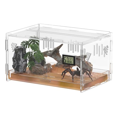Reptile Terrariums with Temperature Hygrometer, 15.7"x9.9"x7.1" Acrylic Breeding Box Terrarium Cage Tank for Small Reptiles, Insects, Home Office (Terrestrial) - size: Terrestrial--L (Tray)