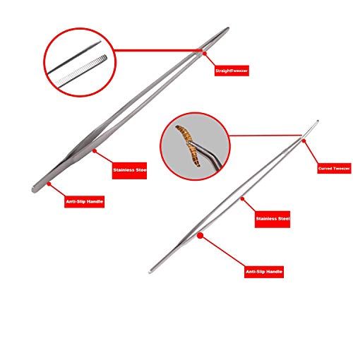 10.6 inch Reptile Feeding Tongs, 3 Pcs Tweezers Cricket Clamp Bug Scooper, Stainless Steel Straight and Curved Tweezers Set for Insects Lizard Turtle Snake Spider Frog Gecko Chameleon - size: 10.6 inch
