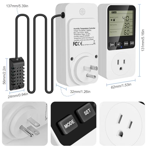 Temperature and Humidity Controller Plug in Thermostat Outlet with Humidity Control 120V Heating Cooling Humidification Dehumidification for Greenhouse Mushroom Grow Tent Reptile Aquarium - color: Htc820