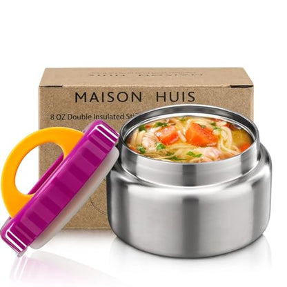 MAISON HUIS 8oz Soup Thermo Wide Mouth Vacuum Insulated Thermo Jar, Leak Proof Stainless Steel Food Container for Hot&Cold Food Kids Lunch Soup for School Travel (Purple) - color: Purple