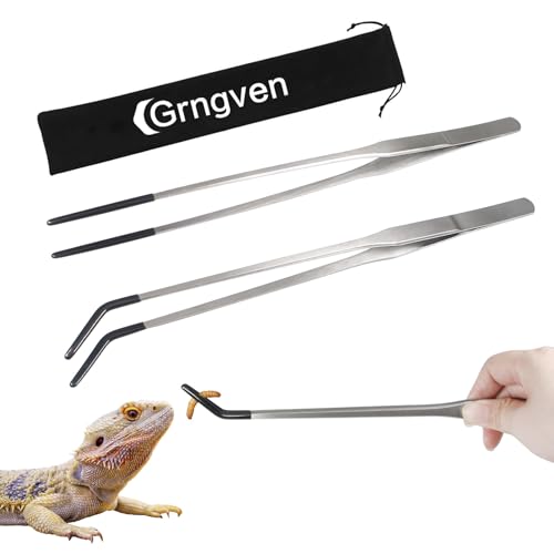 Stainless Steel Reptile Feeding Tongs 10.6" Straight and Curved Long | 2PCS Terrarium with Rubber Tip Aquascape Tools Feeder for Lizards, Bearded Dragon Snake Enclosure Tank Accessories