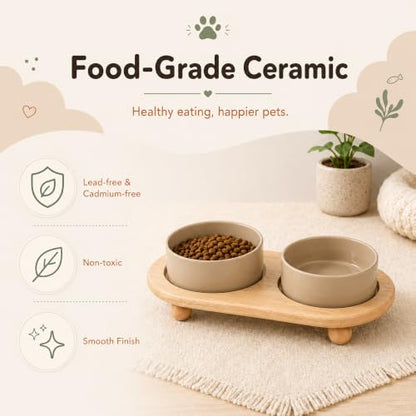 Havniva Raised Cat Bowl 5.1” Elevated Ceramic Cat Food and Water Bowl Set | Cat Bowls Elevated, Whisker Friendly Cat Bowl, Non-Slip Wood Stand, Food-Grade Ceramic, Wide Opening, Dishwasher Safe - color: Greige, size: 2 Bowls+Tray - 5.1"