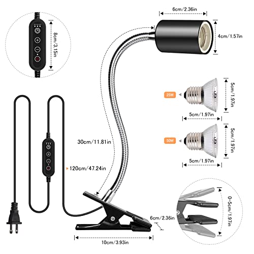 Reptile Heat Lamp, UVA UVB Reptile Light with 360° Rotatable Hose and Timed, Heating Lamp with 2 Bulbs Suitable for Bearded Dragon Reptiles Turtle Lizard Snake (Heat Lamp 25w/50w Bulb) - style: Single-Head-Lamp