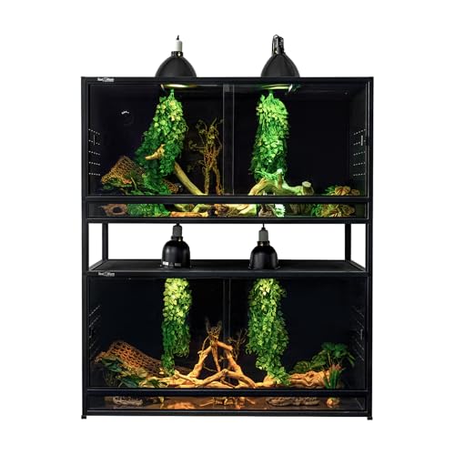 Stackable PVC Reptile Enclosure 44x20x20 inch, 76 Gallon Modular Terrarium, Additional Top Cover, Tempered Glass Sliding Doors & Lock, Front Opening Habitat (2 Pack, Black) - size: 44"x20"x20" (76 Gallons)