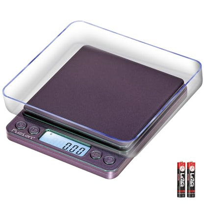 Fuzion Digital Scale .01 Gram Accuracy, 500g Small Kitchen Food Scales | 2 Trays Included for Jewelry, Gold, Herb, Powder, Spice, Coffee, Coin - Weight Gram and Oz - color: Ombré Purple-Green