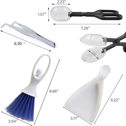 Tiny Cleanning Broom, Scooper Feeding Tool,Mini Dustpan and Brush, Stainless Steel Tweezer Reptile Tank Cleaner for Reptile and Other Small Animals Supplies 3Pcs