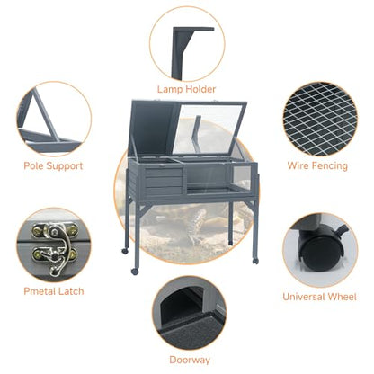 Large Tortoise Habitat with Legs Wheels Fixed Tray Openable Roof Indoor Outdoor Large Tortoise Cage House Reptile Terrarium with Storage Shelf Enclosure Lamp Holder (Gray, Medium Size)