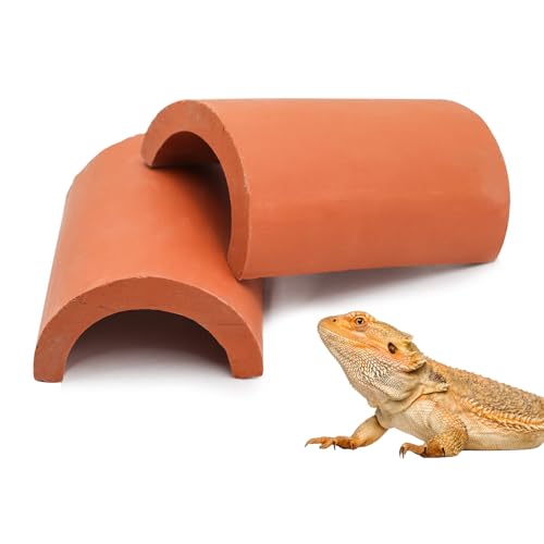 2 Pack Reptile Hide Cave, Natural Terracotta Lizard Habitat Hideout, Bearded Dragon Food Bowl, Tank Terrarium & Aquarium Decor Accessories for Hermit Crab Leopard Gecko Snake Spider Hamster Turtle