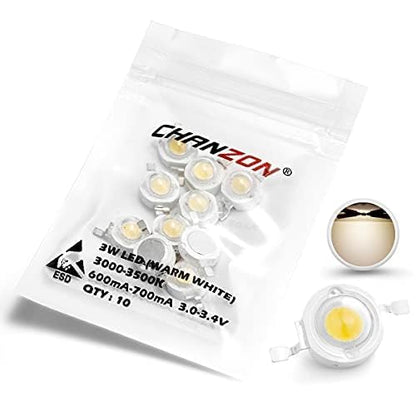 CHANZON 10 pcs High Power Led Chip 3W Warm White 3000K - 3500K | (600mA - 700mA / DC 3V - 3.4V / 3 Watt) Super Bright Intensity SMD COB Light Emitter Components Diode Bulb Bead DIY Lighting - color: A) Warm-white (3000k)