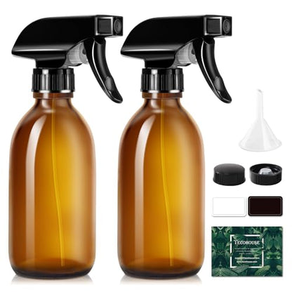 Tecohouse Glass Spray Bottles 8oz, 2 Pack Amber Glass Spray Bottles | Empty Glass Spray Bottles for cleaning, Plants, Pets, Hair, Durable Spray Nozzle, Fine Mist, Labels, Funnel, Pipettes - color: Amber