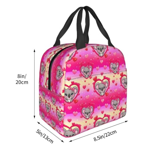 Men Koala Heart Print Insulated Lunch Tote Thermal | Koala Pink Heart, Oxford Insulated Lunch Bag, Adjustable Strap, Large Capacity for Outdoor & Camping - color: Pattern (843)