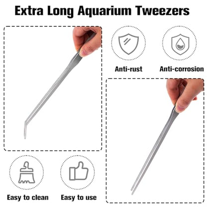 2Pcs Long Aquarium Tweezers, 10.6" Straight and Curved Tweezers, Stainless Steel Reptile Feeding Tongs, Terrarium Tools Feeder for Lizards, Bearded Dragon Tank Accessories