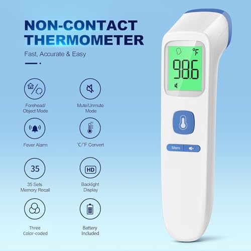 No-Touch Thermometer for Adults, Kids, Babies, 1-Sec Fast Accurate (Blue) | Fever Alarm, Large LCD with 3-Color Backlight, Silent Mode, 35-Reading Memory, Forehead & Object Mode, for Home & Clinic - color: Blue