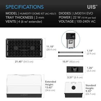AC Infinity Humidity Dome, Heavy Duty Germination Kit with Full Spectrum LED Grow Light Bars, Sturdy Drip Tray, and 6x12 Cell Seedling Tray, for Indoor Gardening, Seed Starting, Cloning Plants | Samsung LM301H EVO Diodes, 3mm Thickest Dome and 6x12 Trays,