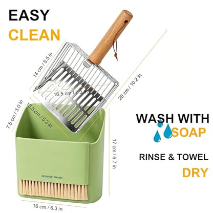 Cat Litter Scoop with Holder, Heavy Duty Stainless Steel Kitty Scooper | with Coarse and Fine Mesh, Includes Broom and Dustpan Set, Quick Sift and Easy Clean, Green - color: Green