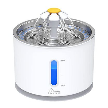 Wonder Creature Cat Water Fountain Stainless Steel Lid 81oz/2.4L | Quiet Pet Fountain, LED Water Level Window, Multi-Layer Filter, Dishwasher-Safe Stainless Steel Lid for Cats and Dogs