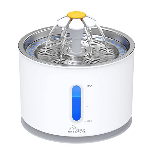 Wonder Creature Cat Water Fountain Stainless Steel Lid 81oz/2.4L | Quiet Pet Fountain, LED Water Level Window, Multi-Layer Filter, Dishwasher-Safe Stainless Steel Lid for Cats and Dogs