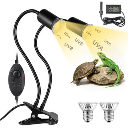 Dual-Head Reptile Heat Lamp Bundle, 24H Cycle Timer & Hygrothermograph | 360° Rotatable, UVA & UVB Basking Heat Lamp for Turtle Snake Tortoise Bearded Dragon Lizard