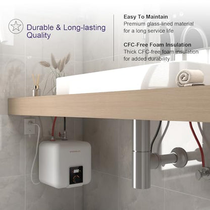 110V/115v/120V 1400-1500W Small Under Sink Tank 2.5 Gallon Water Heater Hot Storage，Mini Instant Electric RV TR Trailer Kitchen Compact Point-of-Use,2 PCs 16” Long 1/2”FIP Stainless Steel Hoses 9.5L