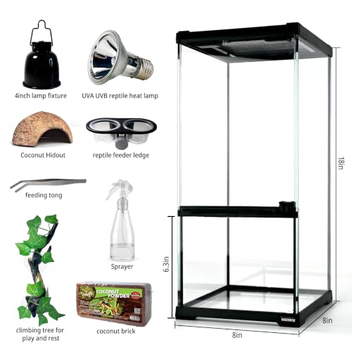 8"x8"x18"Tall Reptile Glass Tank Kit,Pre-Assembled Vertical Small Reptile Terrarium for Arboreal Species,Geckos,Chameleon,Tree Frog,Tarantula and Snake with Top and Front Openning Door