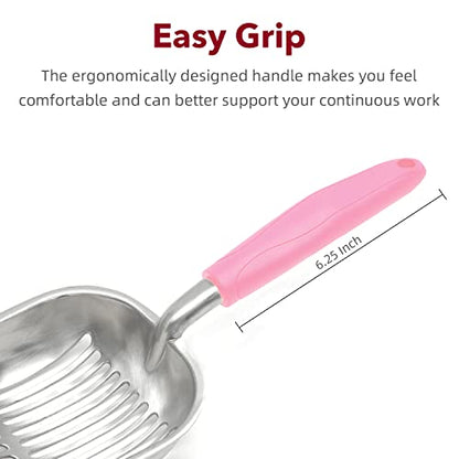 Cat Litter Scoop, Kitty Metal Scooper, Aluminum Alloy Sifter, Kitten Pooper Lifter, Deep Shovel, Long Handle, Poop Sifting, Durable, Heavy Duty, for Litter Box - color: Flat Aluminum-Pink Handle, size: Large