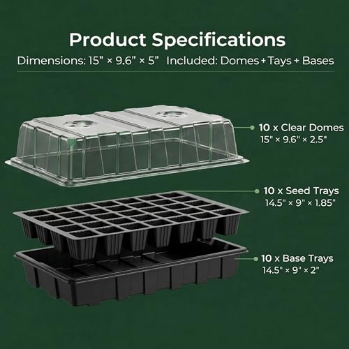 Gardzen 10-Set Garden Propagator Set, Seed Tray Kits with 400-Cell, Seed Starter Tray with Dome and Base 15" x 9" (40-Cell Per Tray) | 400 Cell Garden Propagator Kit with Seed Trays, Humidity Dome and Base for Starting Seeds - size: 40-Cell 10-Pack
