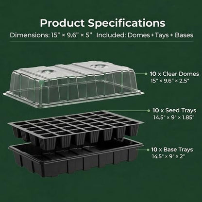 Gardzen 10-Set Garden Propagator Set, Seed Tray Kits with 400-Cell, Seed Starter Tray with Dome and Base 15" x 9" (40-Cell Per Tray) | 400 Cell Garden Propagator Kit with Seed Trays, Humidity Dome and Base for Starting Seeds - size: 40-Cell 10-Pack