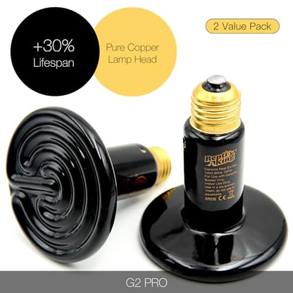 Ceramic Heat Emitter, 2-Pack 100W, Reptile Heat Lamp Bulbs, Ceramic Heating Bulb for Reptiles, Amphibian, Chick, Dog, Snake Leopard Gecko Bearded Dragon Heat Lamp