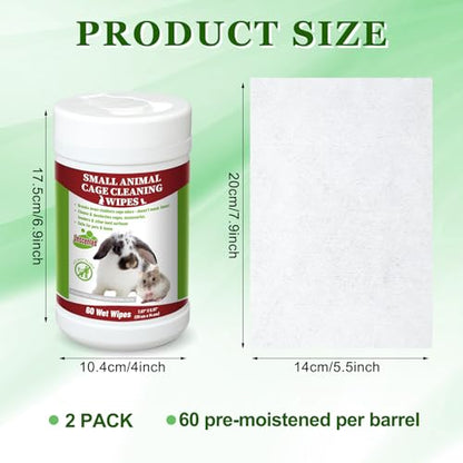 2 Pack Small Animal Cage Wipes 120 Count Small Animal Cage Clean up Wipes Removes Stubborn Caked-on Hamster Cages Cleaner for Pet Bunny Supplies Cleaning Deodorizing