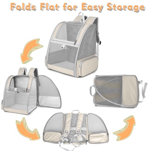 Cat Backpack Carrier, Large Pet Carrier Backpack with Kitten Wand Feather Toy for Medium Small Dog Cat Puppy Kitty Bunny up to 15lbs, Ventilated Mesh Kitten Bookbag for Travel Walking Outdoor (Beige) - color: Beige