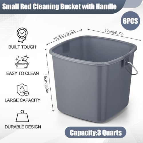 Zhehao 6 Pcs 3 Quart Bucket for Cleaning Small Sanitizer Bucket for Restaurant Square Plastic Pail with Handles for Home, Offices, Commercial Use, Food Service(Red,Gray) - color: Red,gray