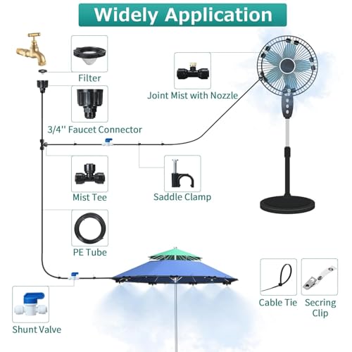 GOTGELIF Patio Misting System, DIY Outdoor Water Mister Cooling Kit | 50FT Leak-Proof Hose with 12 Brass Nozzles, 3/4 Faucet Adapter & 2 Shut-off Valves for Garden, Gazebo, Greenhouse Cooling