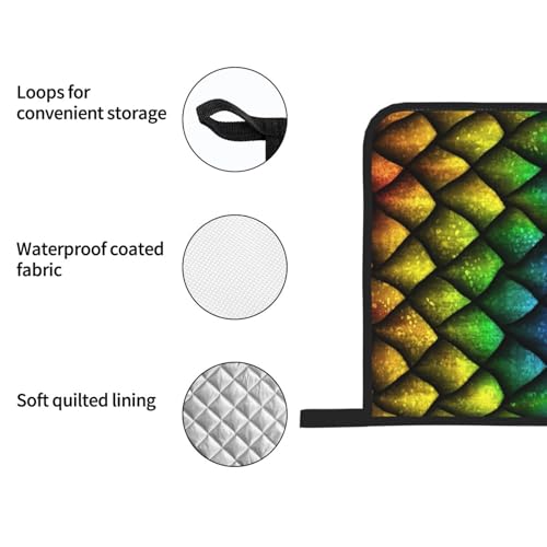 Dragon Scales Reptile Skin Heat Resistant Oven Mitts and Pot Holders Set of 4-500°f Protection Utensil Pocket for Grilling, Baking, Cooking