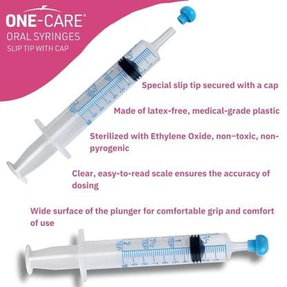 ONE-CARE 10ml Oral Syringe with Cap, Slip Tip Liquid Dispensers, 100/Boxp | Individually Wrapped, Food-Grade Plastic, Accurate Graduation for Precise Liquid Dosing, Oral Feed - Infants, Adults & Pets - size: 10 ml Blue Scale
