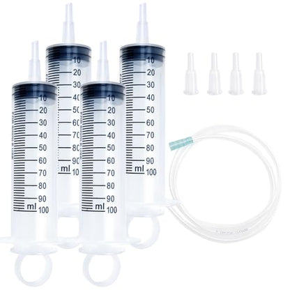 100cc Plastic Syringe - Large Syringe for Liquid with 40" Tubing, Syringes for Liquid, 4 Pack - size: 100ml