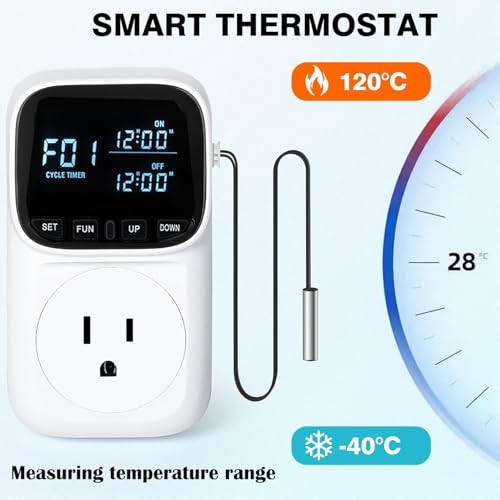 KABASI Digital Temperature Controller, Only Fahrenheit Dispaly with Sensor | Heavy Duty 15A Thermostat Outlet, Heating Cooling Control Timer Plug Socket for Greenhouse Refrigerator Terrarium Aquarium