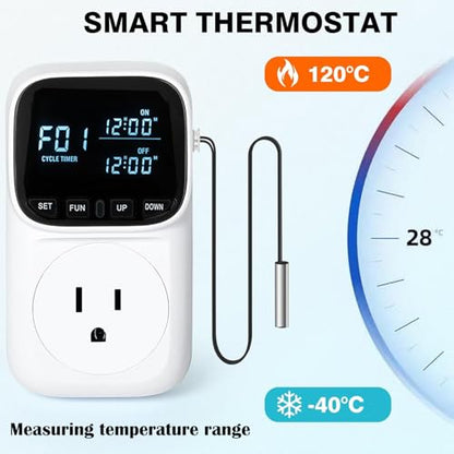 KABASI Digital Temperature Controller, Only Fahrenheit Dispaly with Sensor | Heavy Duty 15A Thermostat Outlet, Heating Cooling Control Timer Plug Socket for Greenhouse Refrigerator Terrarium Aquarium