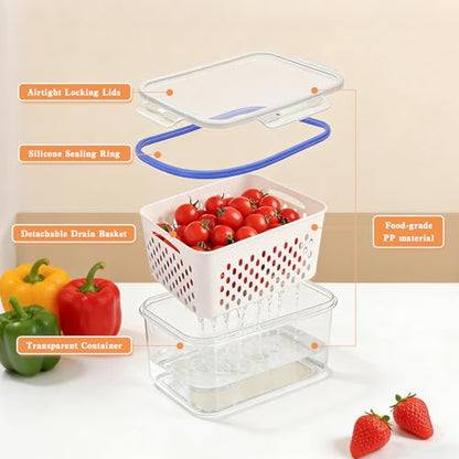 Fruit Storage Containers for Fridge, 4 in 1 Food Storage Container, Produce Storage Containers with Lid and Strainer, Including Drain Basket, Multipurpose Large Fruit Containers for Fridge-3PCS White