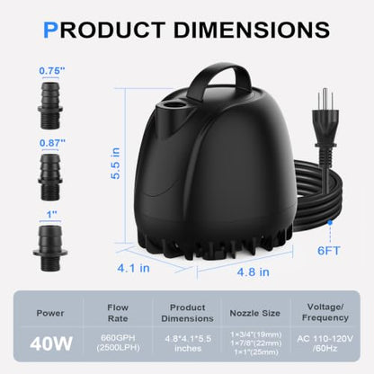 hygger 660GPH Submersible Aquarium Water Pump (2500L/H 40W) with 3 Nozzles | Ultra Quiet Fish Tank Pump with Ceramic Shaft, Overheat Protection for Aquarium, Pond, Hydroponics (7.9ft Lift)